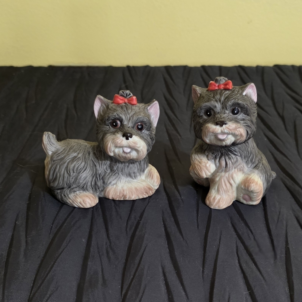 Homco Gray and Red Yorkie Puppy Figurines